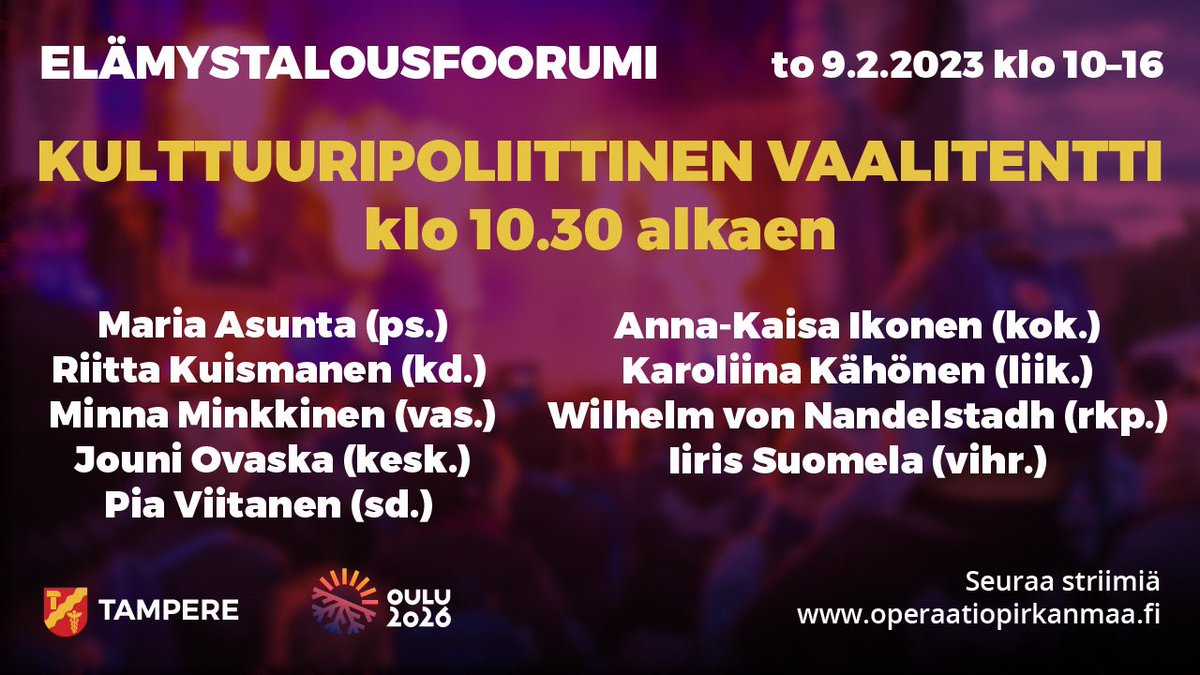 Mikä merkitys kulttuurilla ja luovilla aloilla on Suomen tulevaisuuden rakentamisessa? Seuraa Elämystalousfoorumin vaalitenttiä 9.2.2023 👉 operaatiopirkanmaa.fi/ajankohtaista/…

#tampere #oulu2026 #elämystalousfoorumi