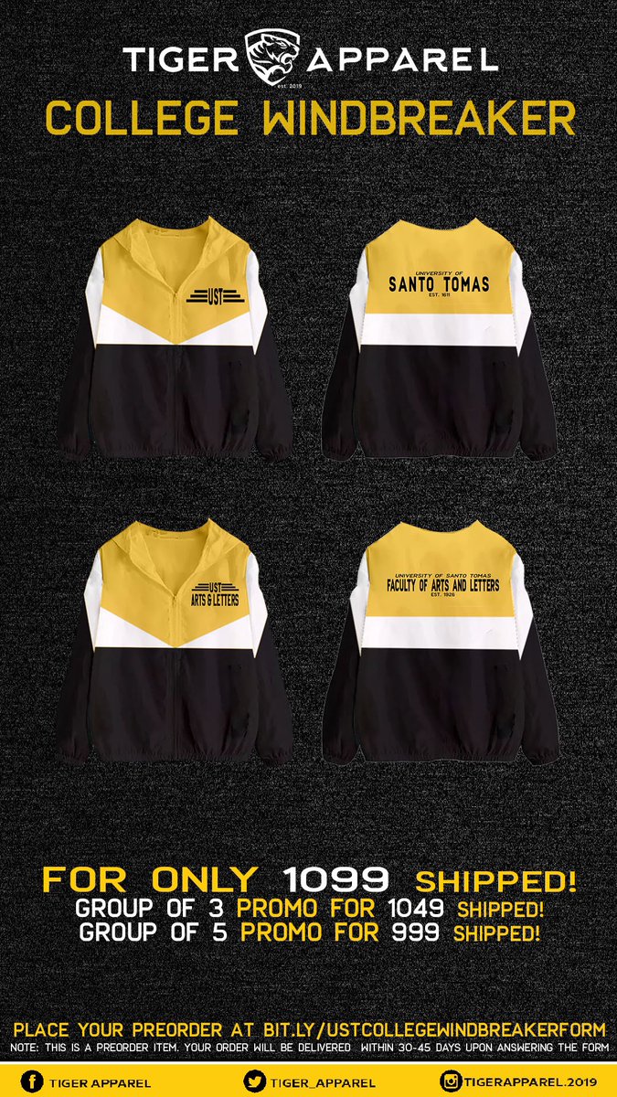 tiger_apparel's tweet photo. We got you covered during your cold F2F classes with the Tiger Apparel UST College Windbreakers! Represent your own college with your very own college windbreaker for only Php1099.00!

Place your preorders by answering the form https://t.co/qnL6mjtQl7. 

#TigerApparel   
#GoUSTe https://t.co/vSVLpMqwy7