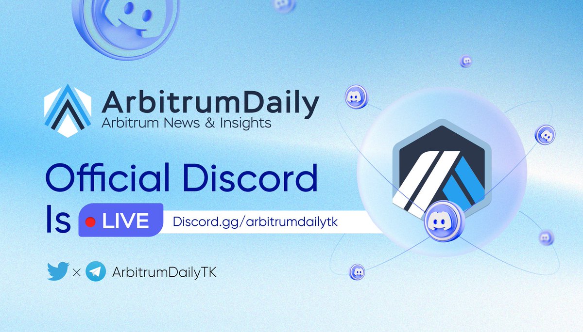 🎉 Arbitrum Daily Official Discord Is Live 

Discord Live Giveaway

🎁 Prize: 10 OG slots - 72H

1. Follow @Arbitrumdailytk
2. Like &amp; RT this post and tag 3 friends
3. Join our discord: discord.gg/arbitrumdailytk
4. Comment your discord id 

#Arbitrum $ETH #Giveaway #Airdrop