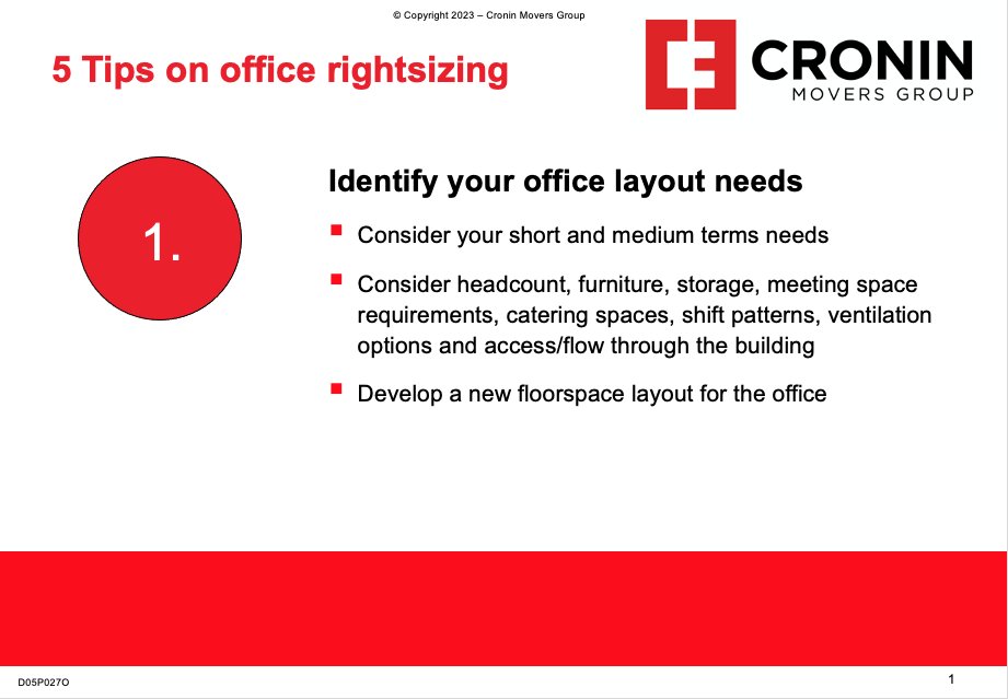 CroninMovers's tweet image. Our Workplace Relocations team can support you with your office reorganisation, transportation and storage, or office relocation. See our 'Guidance on office rightsizing' to plan your approach. croninmovers.com/cronin-movers-…  #officerightsizing #officerelocation #workplacerelocation