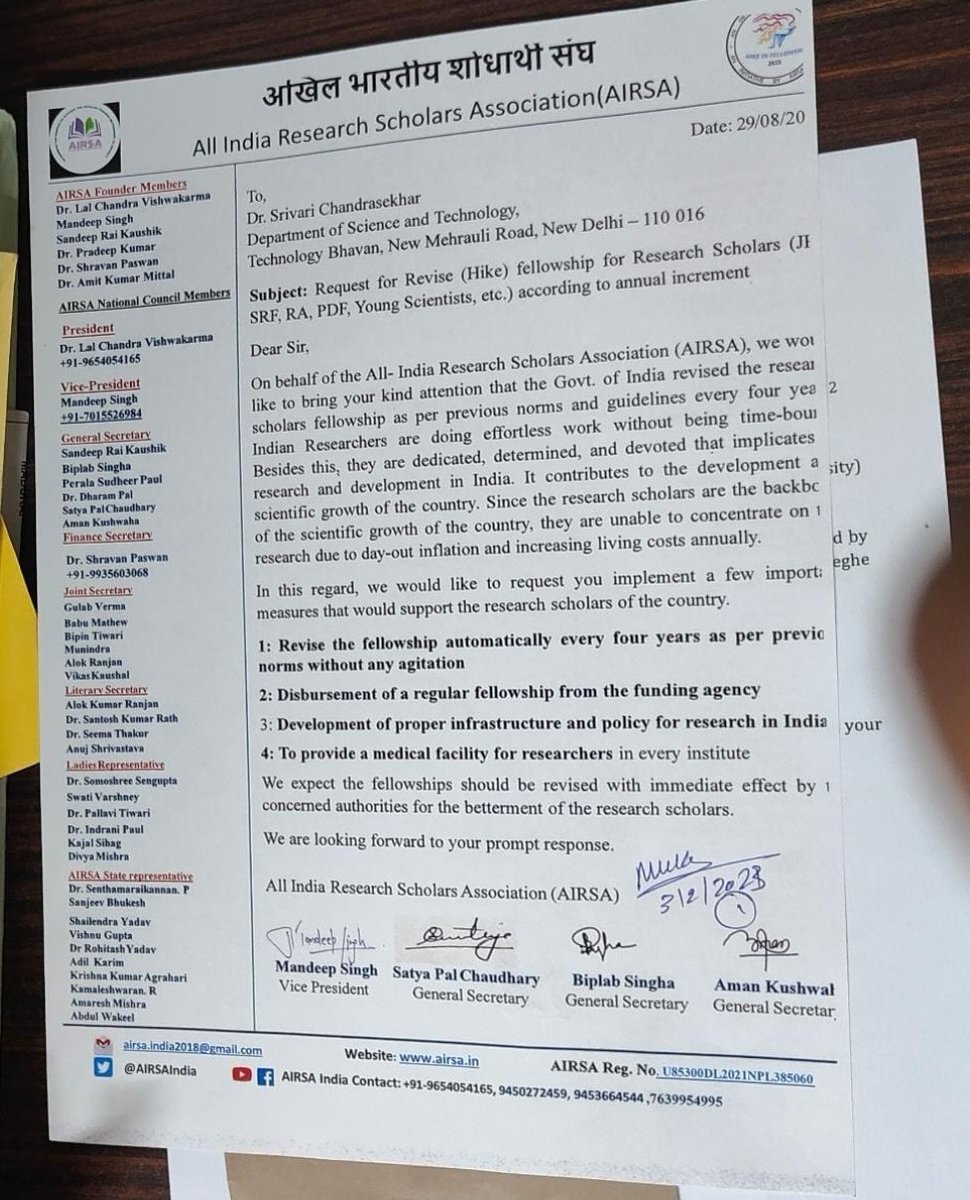 All India Research Scholars Association (@airsaindia) on Twitter photo #Hike_in_fellowship_22
Once again we remind the DST Secy <a href="/srivaric/">chandra Srivari</a> office to revise a Research Scholar Fellowship but still pending #Hope we get good results soon
<a href="/srivaric/">chandra Srivari</a> <a href="/IndiaDST/">DSTIndia</a> <a href="/DrJitendraSingh/">Dr Jitendra Singh</a> <a href="/EduMinOfIndia/">Ministry of Education</a> <a href="/ppbajpai/">punya prasun bajpai</a> <a href="/TheLallantop/">The Lallantop</a> <a href="/Xpress_edex/">Edex - The New Indian Express</a>
<a href="/PMOIndia/">PMO India</a> <a href="/varungandhi80/">Varun Gandhi</a> #Hike_in_fellowship_22
Once again we remind the DST Secy <a href="/srivaric/">chandra Srivari</a> office to revise a Research Scholar Fellowship but still pending #Hope we get good results soon
<a href="/srivaric/">chandra Srivari</a> <a href="/IndiaDST/">DSTIndia</a> <a href="/DrJitendraSingh/">Dr Jitendra Singh</a> <a href="/EduMinOfIndia/">Ministry of Education</a> <a href="/ppbajpai/">punya prasun bajpai</a> <a href="/TheLallantop/">The Lallantop</a> <a href="/Xpress_edex/">Edex - The New Indian Express</a>
<a href="/PMOIndia/">PMO India</a> <a href="/varungandhi80/">Varun Gandhi</a>