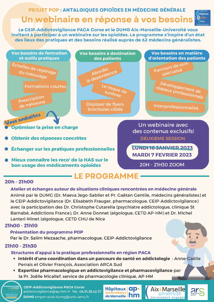 aphm_actu's tweet photo. Médecins généralistes de #PACA inscrivez-vous au webinaire sur les antalgiques opioïdes. 7 février à 20h organisé par #ceip #addictovigilance #ProjetPOP
Lien zoom : https://t.co/ZOMjcoK2Gm https://t.co/lZneia2isr