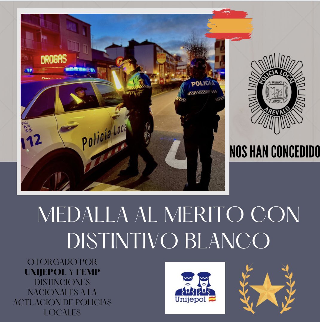 Han concedido a miembros de la Policía Local de Arévalo la medalla al mérito con distintivo blanco  a nivel nacional , desde la UNIJEPOL y FEMP.

Enhorabuena compañeros 👏🏻💪🏻🚔 🏅
#112plarevalo #arevalo #avila #castillayleon #policiamunicipal #policialocal #tupolicia #estamosporti