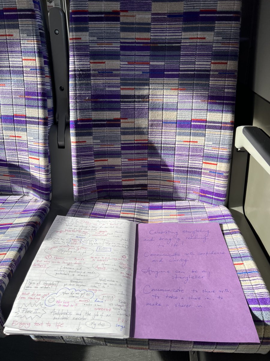 The Elizabeth Line’s colour scheme cannily complementing my workshop notes as I whizz down to ⁦<a href="/clairescourt/">Claires Court</a>⁩ to work with the Yrs 6 and 7 boys on the joys of storytelling, how everyone is a storyteller and how much I love my job in audio.