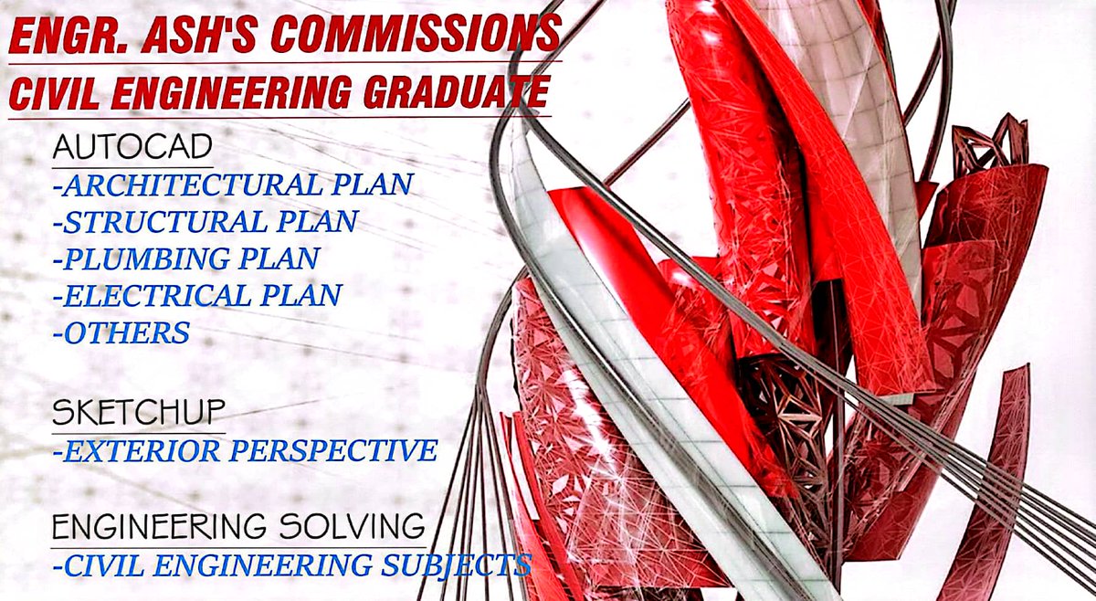 Hello everyone, I'm open for commissions
✔️ Autocad 
Architectural plan
Structural plan
Plumbing plan
Electrical plan
Floor plan, Elevations,others
✔️ SketchUp 
Perspective
✔️Solving 
Civil Engineering CE Commissioner
LF CLIENTS 😇
You can also dm me @ messenger : Sukuna Comms
