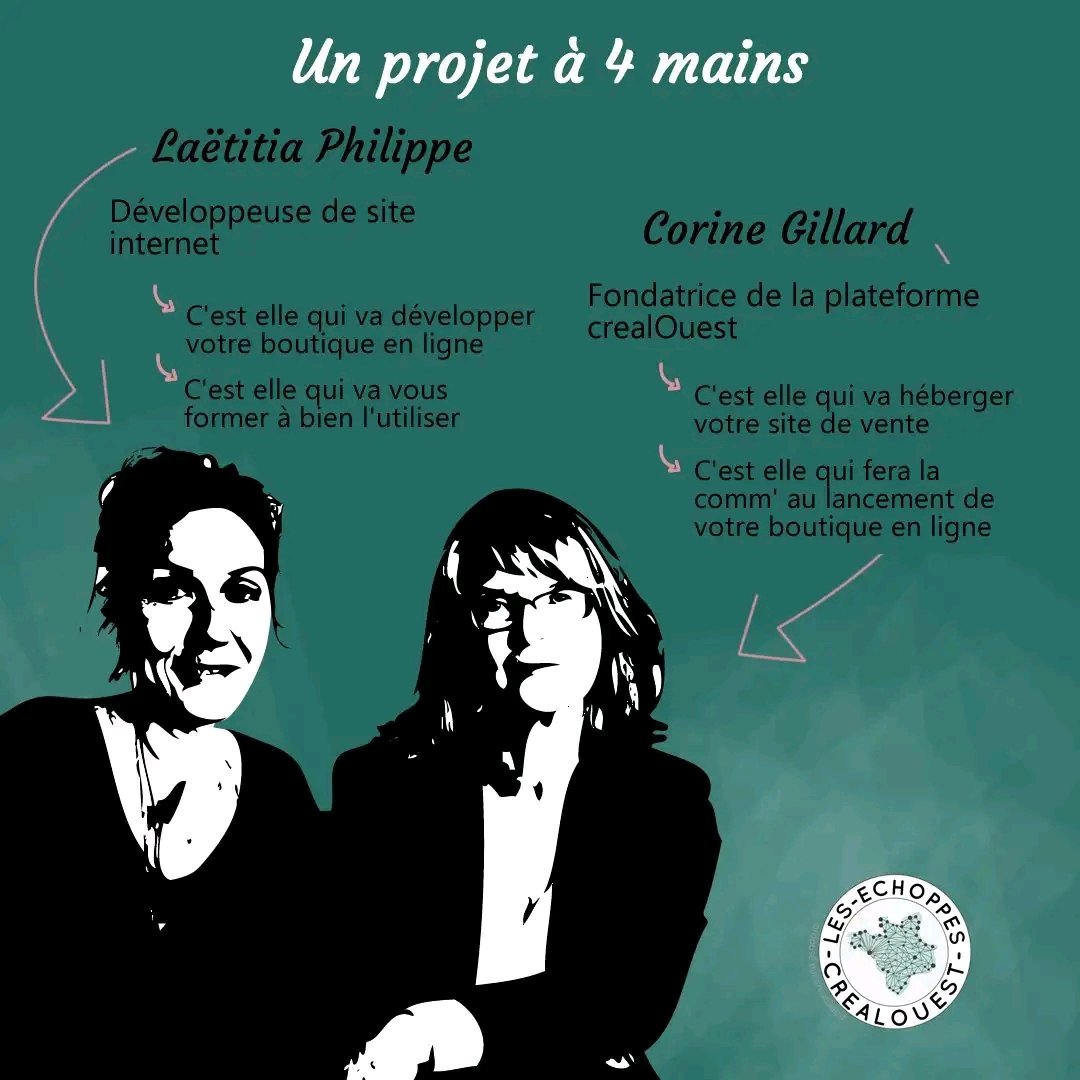 laelaeta's tweet photo. E-shops crealOuest c'est un projet à 4 mains. Ici c'est nous! Laëtitia &amp; Corine🔹Laëtitia Philippe (moi) développeuse de sites web
🔹Corine Gillard fondatrice de @crealOuest 
Nous travaillons ensemble depuis 2016, année de création de CrealOuest. Quelle aventure! A suivre https://t.co/VBNxkv1F1g