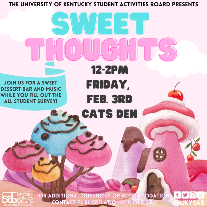 We would love to hear your Sweet Thoughts for some sweet treats! Students will have access to a FREE DESSERT BAR, all they have to do is fill out our All Student Survey. Take a seat, enjoy the music, eat a dessert, and help us help you in the Cats Den today from 12-2 pm!🍬💭🎶