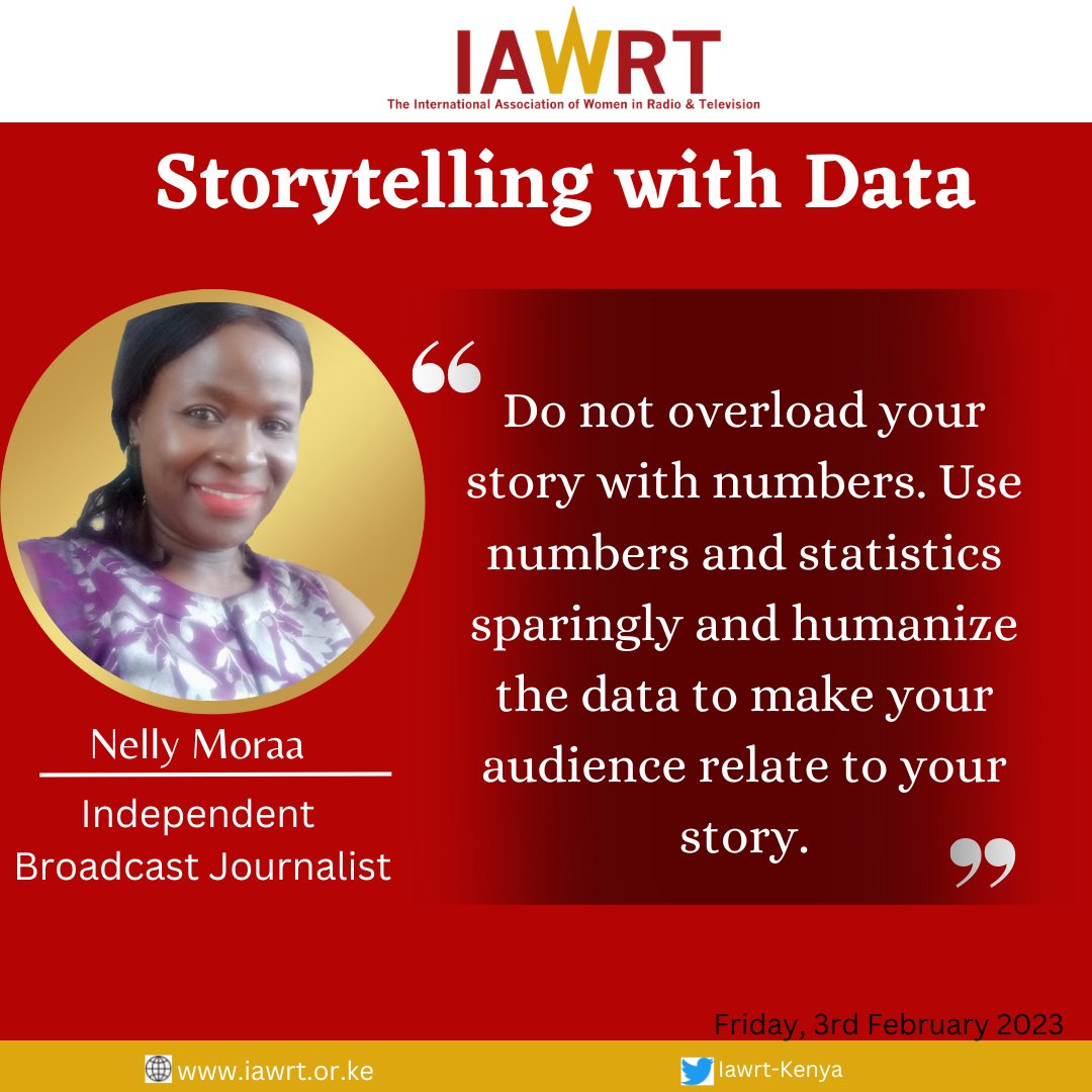 Do not overload stories with numbers and stats ~Nelly Moraa 
#FemaleJournalistsMentorshipKE 
#DataJournalism 
<a href="/APC_News/">APC</a> <a href="/USEmbassyKenya/">U.S. Embassy Nairobi</a>