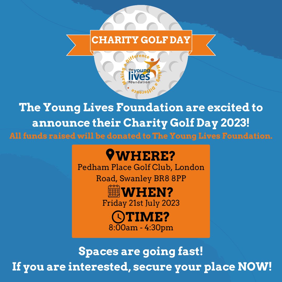 Young Lives Foundation (@ylfcharity) on Twitter photo Spaces for our Charity Golf Day are going
FAST! If you are interested in being a part of our day, secure your place NOW!
For more information and to secure your place, please contact Amy on:
fundraising@ylf.org.uk
<a href="/Pedhamplace/">Pedham Place</a>
#Golf #charity #fundraiser #donate Spaces for our Charity Golf Day are going
FAST! If you are interested in being a part of our day, secure your place NOW!
For more information and to secure your place, please contact Amy on:
fundraising@ylf.org.uk
<a href="/Pedhamplace/">Pedham Place</a>
#Golf #charity #fundraiser #donate