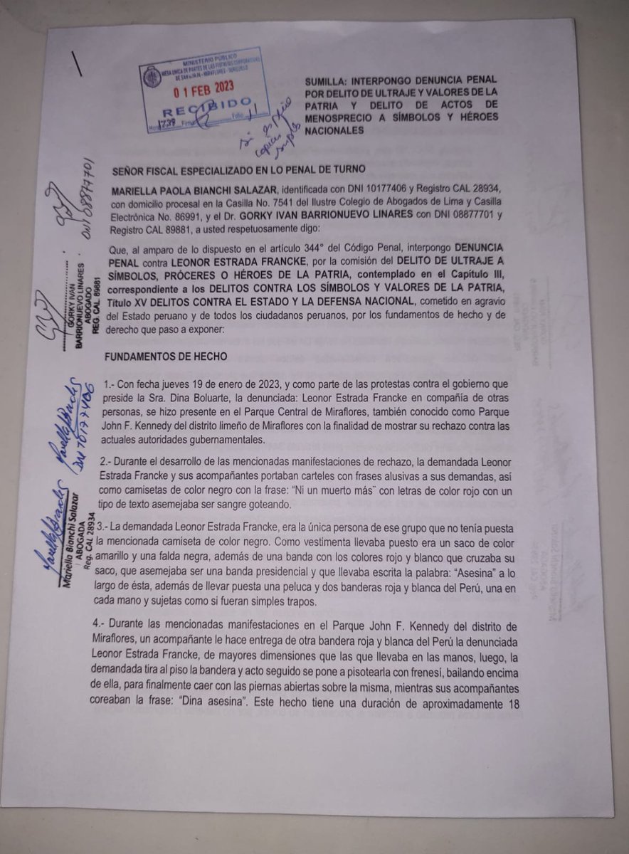 Los abogados: Mariella Bianchi y Gorky Barrionuevo, en defensa de nuestra identidad nacional, denunciaron a Leonor Estrada Francke por delito de ultraje a símbolos, próceres o héroes de la patria (art. 344° del Código Penal). <a href="/MarMariella1107/">mariella bianchi</a> <a href="/Gorky_Barr/">Ivan Barrionuevo</a>