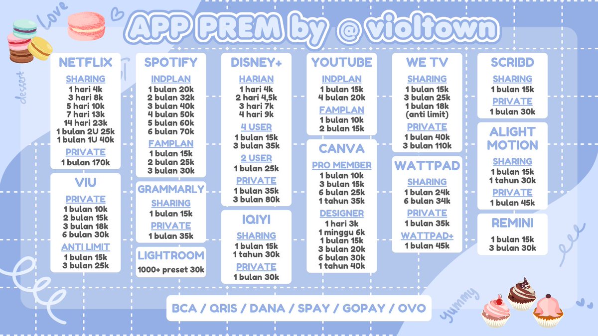 violtown's tweet image. — halo kak lagi nyari app apa nih? netflix? spotify? disney?
aku bawa pricelistnya, boleh dilihat dulu ya🍫🍰 

payment via e-wallet, qris, bca juga bisa loh!
💌 dm / wa.me/085863882914