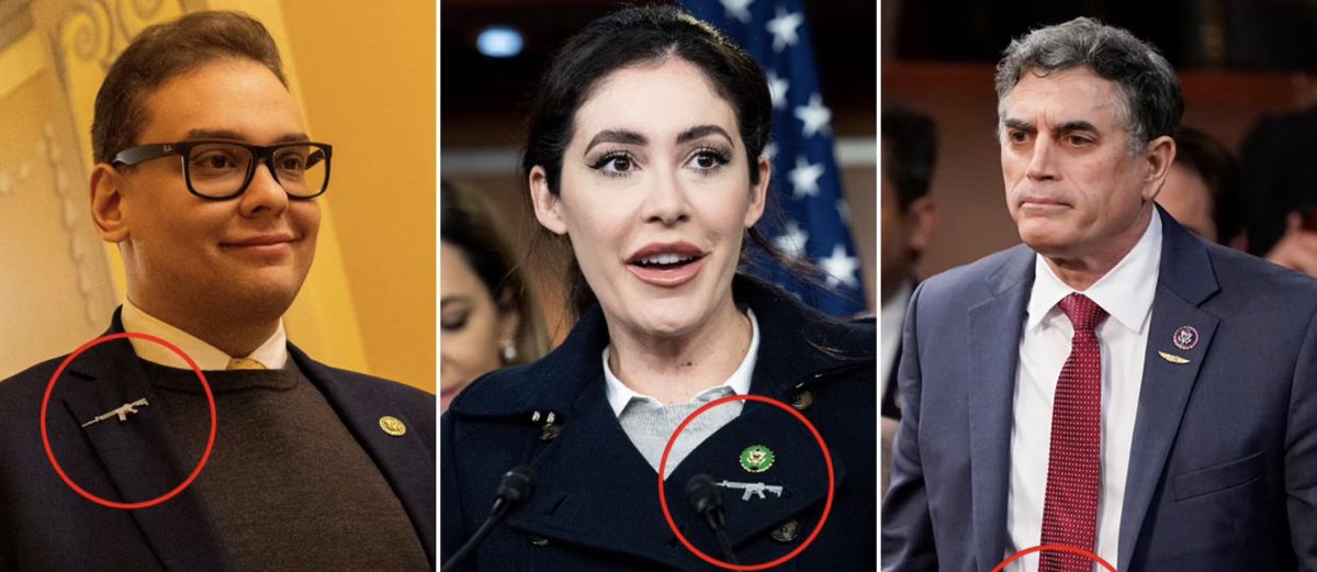 krassenstein's tweet photo. I wonder what leaders of other nations think when they see the American Congress wearing pins of Ar-15’s instead of the American Flag. 

I know… 

“WTF is wrong with these people. I bet they supported an insurrection as well!” https://t.co/zTNADTsoYa