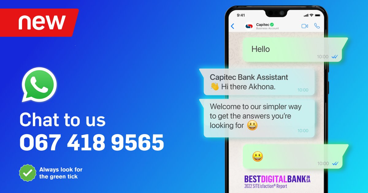 CapitecBankSA's tweet photo. Still visiting a branch for help? You can now get help with your banking on WhatsApp!📱😄 Switch your salary and debit orders, stop a lost or stolen card, view your balance, get product information and so much more. https://t.co/ocStiJFOiW https://t.co/zRocdIUxfK