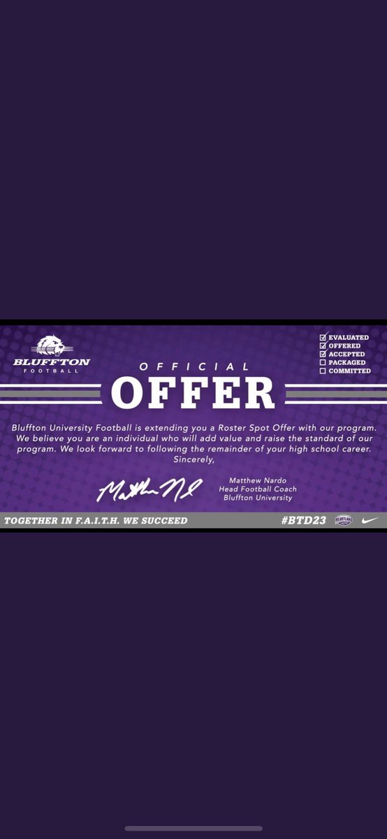 I’m truly excited to say I have received my second official offer from <a href="/BlufftonFB/">Bluffton Football</a>!!
<a href="/CHS_Tornadoes/">Clearwater Tornadoes Football</a> <a href="/Coach_AJSatt/">AJ Sattinger</a> 
<a href="/coachcake2020/">Alan Pancake</a>