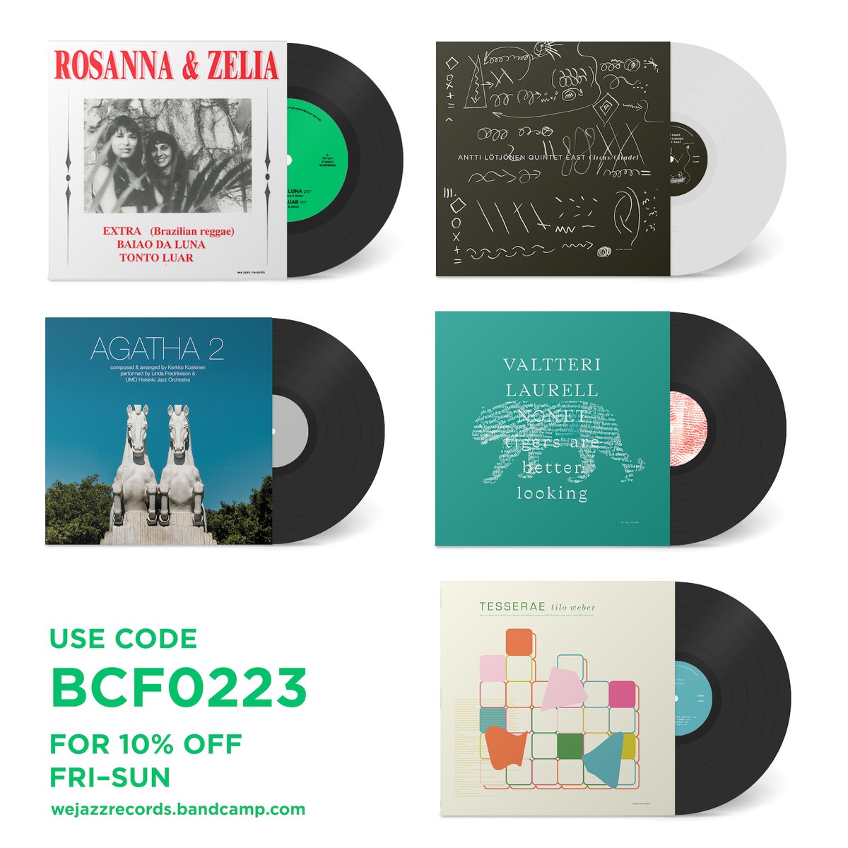 Use code BCF0223 at the We Jazz Bandcamp today and throughout the weekend for 10% off on everything. Lots of new preorders just announced. Thanks to  <a href="/Bandcamp/">bandcamp</a> for supporting independent labels, and thank YOU music fans for supporting creative music. wejazzrecords.bandcamp.com