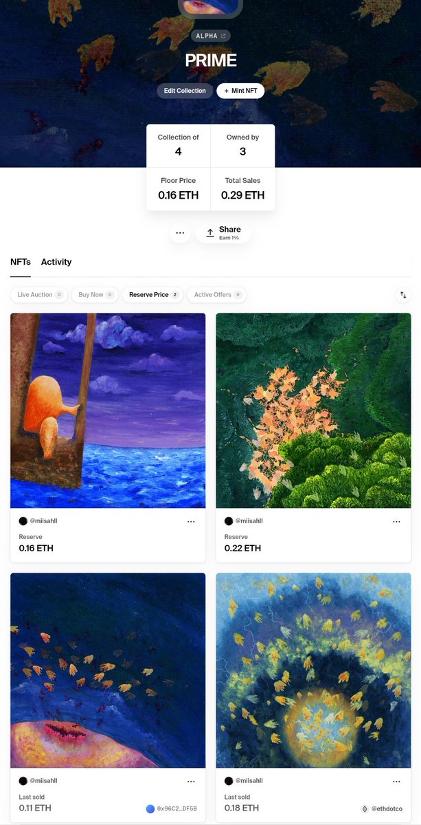 "Prime"
🧨 Floating / 0.16 $ETH / available
🧨 Creep   /  0.22 $ETH / available

⌛ Influx   /   0.11 $ETH  / SOLD
⌛ Fragmentary / 0.18 $ETH / SOLD
...
🔗foundation.app/collection/alp…