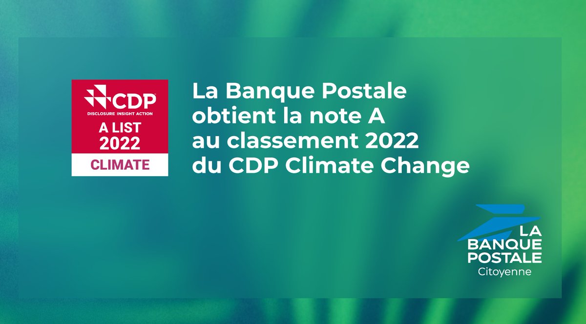 LaBanquePostale's tweet image. 📢 Reconnue pour son leadership international en matière de lutte contre le changement climatique, La Banque Postale obtient pour la deuxième année consécutive la prestigieuse note A du CDP. 
Plus d&apos;infos :
👉labanquepostale.com/newsroom-publi…

#Sustainability #climate #transitionjuste