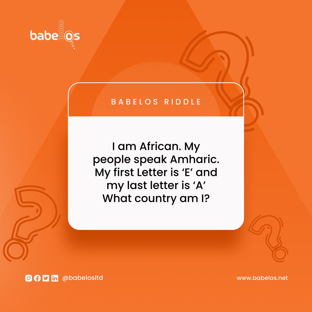 Babelos's tweet photo. Can you guess what African Country you think this is? Leave your comments below!
#Babelos #BabelosLtd #languagesoftwareprovider #Africanlanguages #Ahmaric https://t.co/pbFci5pF2L