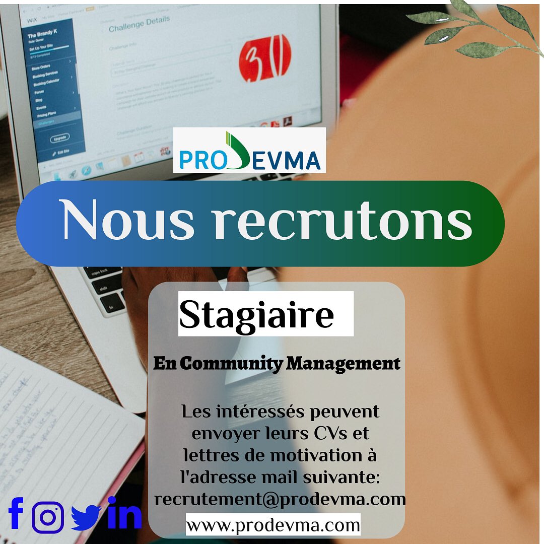 prodevma's tweet image. Avis de recrutement❗️🛑🛑 
Assistant(e) Community Manager.

Nb: Date limite des dépôts: le 20/02/2023

Adresse mail: recrutement@prodevma.com

#Prodevma
#recrutement
#stagiaire
#stage
#bamakomali
#solutionstechnologique