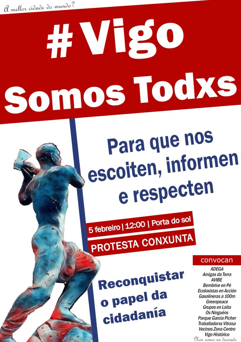 📣📆 #5F #Vigo | Concentración para reclamar ao Concello de Vigo que respecte e deixe de ignorar os movementos sociais e tecido asociativo do municipio. #VigoSomosTodxs

📌 Porta do Sol

🕰️ 12h

Convocan 13 organizacións.