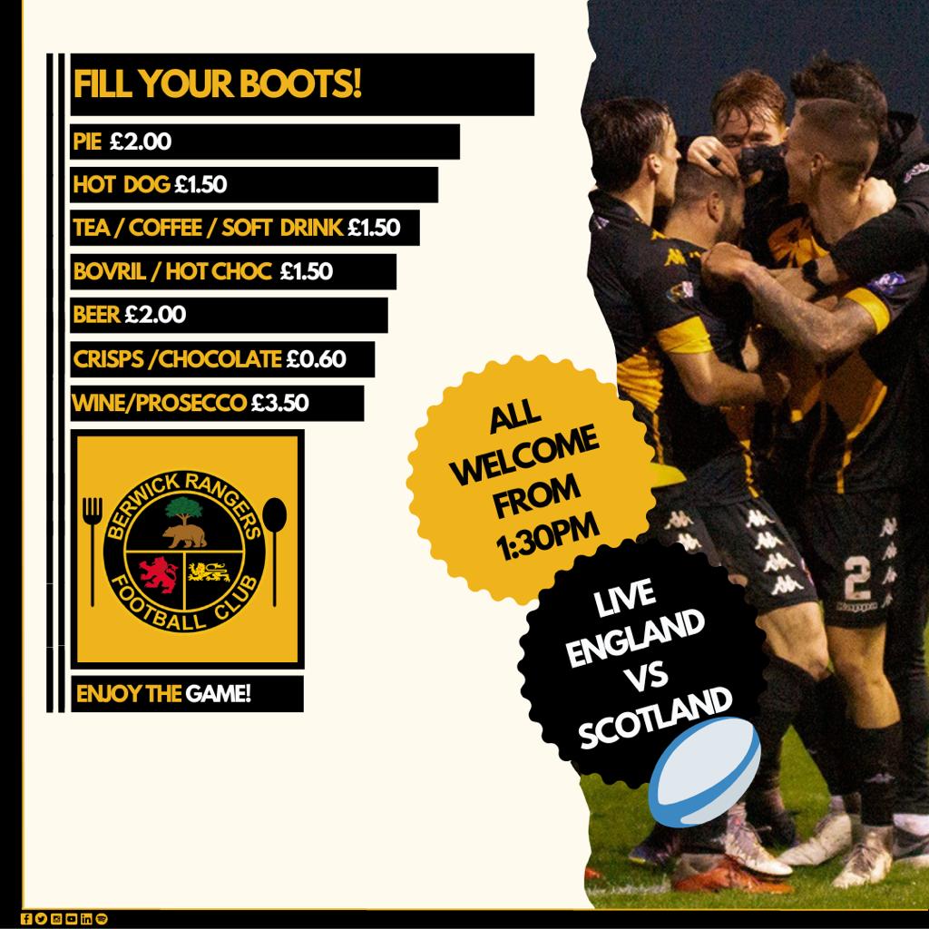 🌭 | Fill your (football and rugby) boots!

Join us this weekend after our Parks Motor Group Lowland League home fixture vs <a href="/OfficialCColts/">Cumbernauld Colts Community Football Club</a> to watch England vs Scotland in the comfort our refurbished lounge with a range of hot and cold refreshments available!

🖤💛 - 🏴󠁧󠁢󠁥󠁮󠁧󠁿🏴󠁧󠁢󠁳󠁣󠁴󠁿