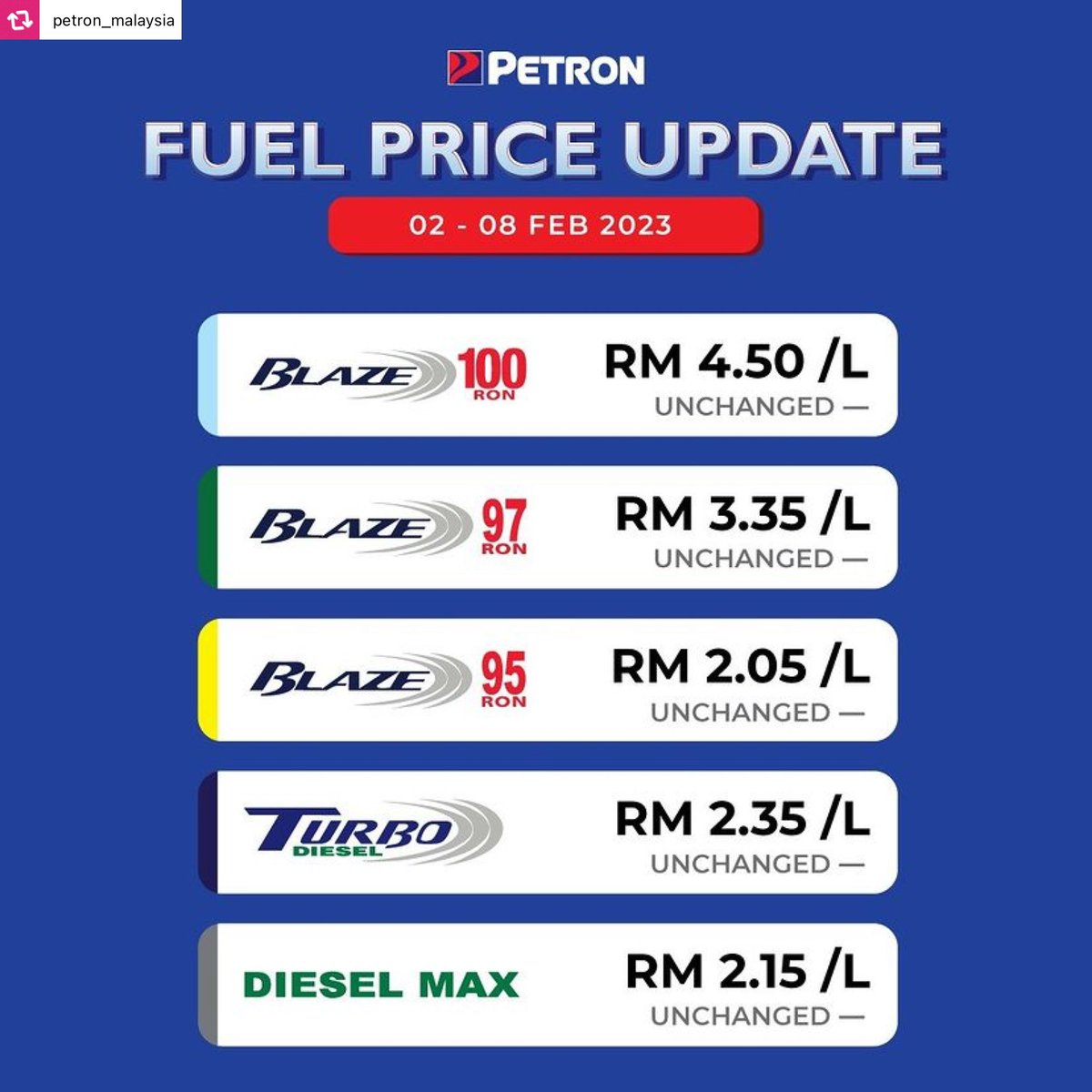 PSGNIBONG's tweet photo. Harga minyak 2 Feb - 8 Feb 2023
⚪ Blaze 100 RM4.50/L (unchanged)
🟢 Blaze 97 RM 3.35/L (unchanged)
🟡 Blaze 95 RM2.05/L (unchanged)
🔵 Turbo Diesel RM2.35/L (unchanged)
⚫ Diesel Max RM2.15/L (unchanged)
#FuelHappy #PetronMalaysia
#Petronsgnibong https://t.co/1RQ3peziGa