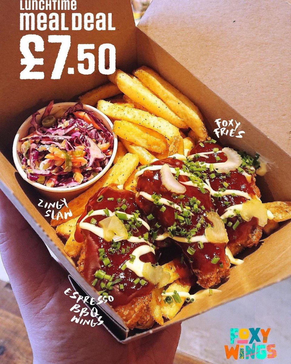 Happy Foxy Friday😍

What’s for lunch today?👀

We can’t think of anything better the lunchtime meal deal from Foxy Wings😉

Choose from a selection of your favourite sauces, fries or rice and a side all for just £7.50😋

We look forward to seeing you there🙌🏼