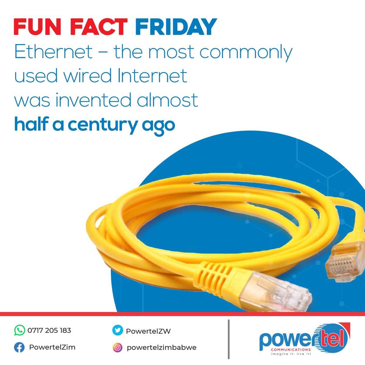 PowerTelZW's tweet photo. This week in funfact friday, we're celebrating Ethernet. We hope you enjoy it as much as we did creating it.
#ImagineItLiveIt
#Powertel
#Fridayvibes https://t.co/fb87OYCFiH
