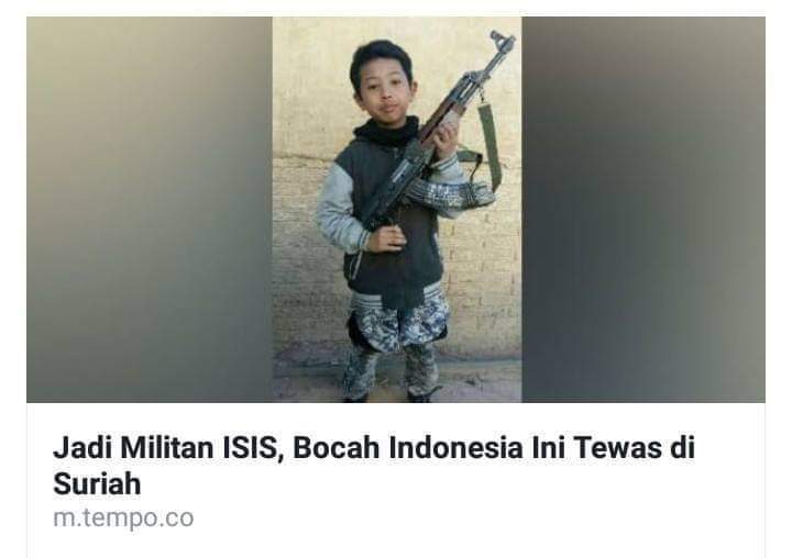KAK SETO MANA ??

Dia masih bocah tapi sudah tewas 
Di Surga pasti dia dapat 72 Bidadari yang masih duduk di Taman Kanak²

Link : Jadi Petarung ISIS, Bocah Asal Indonesia Tewas dtk.id/Npo2qh