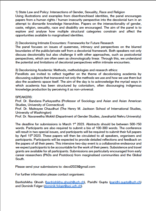 Call for Papers: Decolonising Gender and Sexuality: Learning from Other Voices
11th and 12th May 2023
The University of Zurich
We seek to encourage interdisciplinary research, particularly from the Global South, that broadens our perceptions and understandings of decoloniality