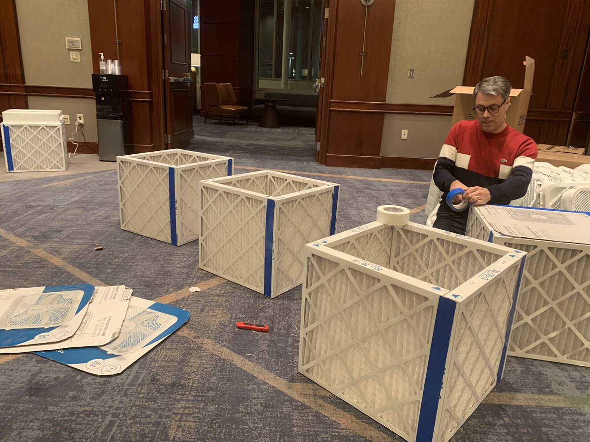 donweek's tweet photo. ASHRAE volunteers making Corsi Rosenthal vent boxes to be distributed throughout the meeting rooms during the winter ASHRAE meeting in Atlanta. https://t.co/pJDYUe4u0k