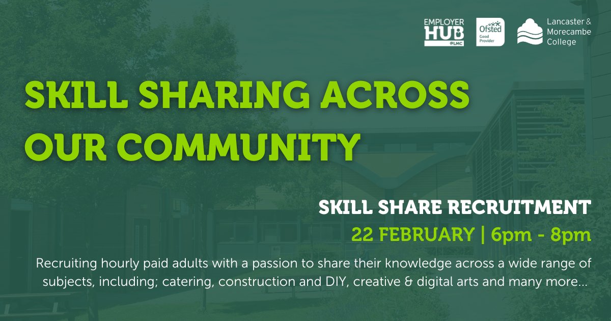 Are you an expert in digital photography? Can you decorate a cake or plaster a wall like a professional? <a href="/LMCollege/">Lancaster & Morecambe College (LMC)</a> is looking for individuals who want to share their skills with adults across our community. Attend our info event to find out more 👇 lmc.ac.uk/events/skill-s…
