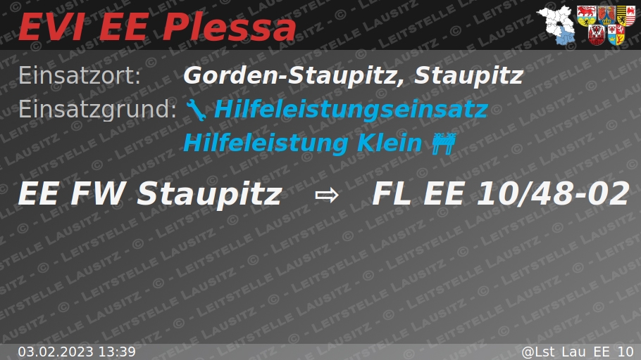 🚨 03.02.2023 13:39 🔧 🚧 H:Klein 🌐 Gorden-Staupitz, Staupitz 🚒 ⇨ FW Staupitz wachalarm.leitstelle-lausitz.de/dbrd/76ccc3f4-…