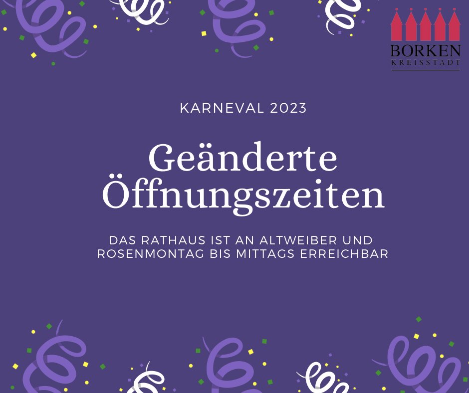 Geänderte Öffnungszeiten an Karneval 🕙
➡️ Altweiber und Rosenmontag: Rathaus, Bürgerbüro, Bauhof, Musikschule und VHS bis 12 Uhr geöffnet. 
➡️ FARB und Tourist-Info: Altweiber bis mittags zu erreichen, Rosenmontag geschlossen. Auch das 3ECK bleibt Rosenmontag geschlossen.