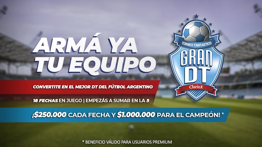 GranDToficial's tweet photo. ¡YA PODÉS ARMAR TU EQUIPO! ⚽🔥
📌 18 fechas en juego: empezás a sumar con la 5°
💰 Si sos Premium y ganás la fecha, ¡quintuplicás el premio y te llevás $250.000!
🏆  Y si salís campeón de Gran DT siendo Premium, ¡duplicás el premio y ganás $1.000.000!
📲 https://t.co/jpedeOJ6gW https://t.co/hyPTYhjQfn
