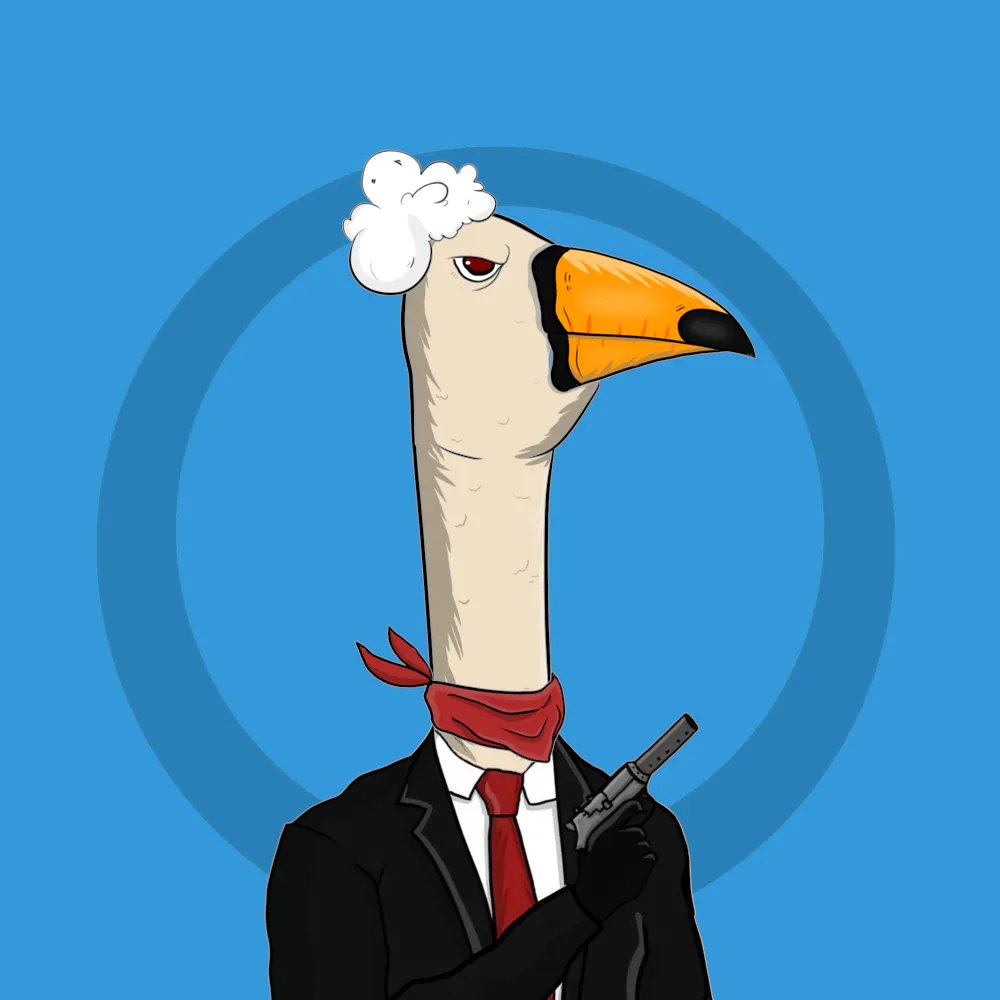 A unique sight, a rare delight,
The #SeriousGoose in black suit so bright.
A gun in hand, a meduza on his head,
A toucan beek, that makes him look well-bred.
A curious blend of style and might,
This goose is one you'll never forget in sight...

🥷🔫

#SuiNFT #NFTCommunity