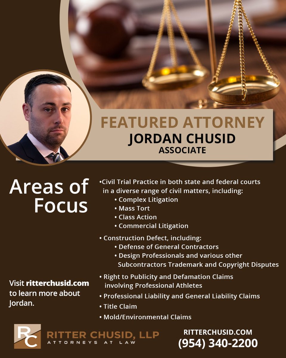 Jordan Chusid is an Associate at Ritter Chusid, LLP, where he helps clients with a wide range of legal services. Visit ritterchusid.com to learn more about Jordan! #legal #lawyers #associate #legalservices #lawyer #attorney #lawfirm #CoralSprings #BocaRaton #courtcase