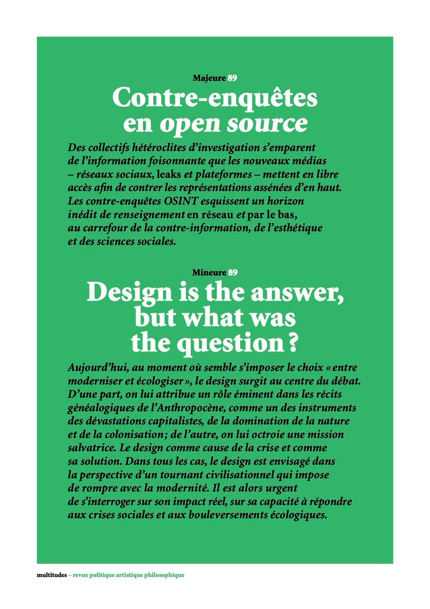 RevueMultitudes's tweet photo. Multitudes n°89 hiver 22-23. Majeure : Contre-enquêtes en open source Mineure : Design is the answer, but what was the question ? https://t.co/OnFm2C8CqI