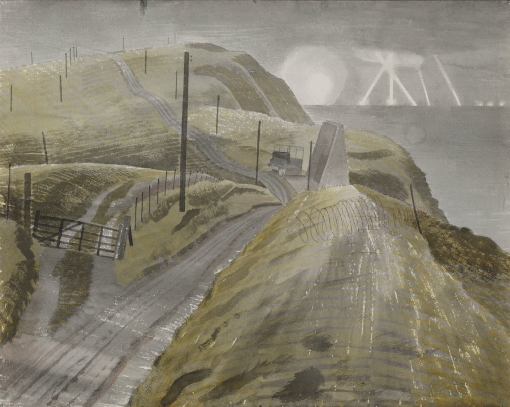 Ravilious1942's tweet image. Bombing the Channel Ports, Eric Ravilious, 1941. Painted near Capel-le-Fern in #Kent, it shows a concrete Sound Mirror. The original artwork is in the collection of @I_W_M. #WW2