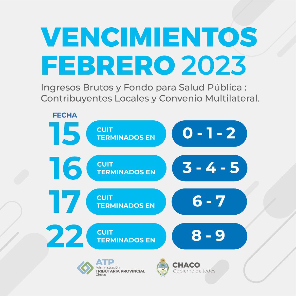 ChacoAtp's tweet photo. 📅 VENCIMIENTOS DEL MES DE FEBRERO 
 
Conocé los medios de pago habilitados desde nuestra página web: https://t.co/hkyWgFp0gE 🤳 https://t.co/xqi2kjfUJ5