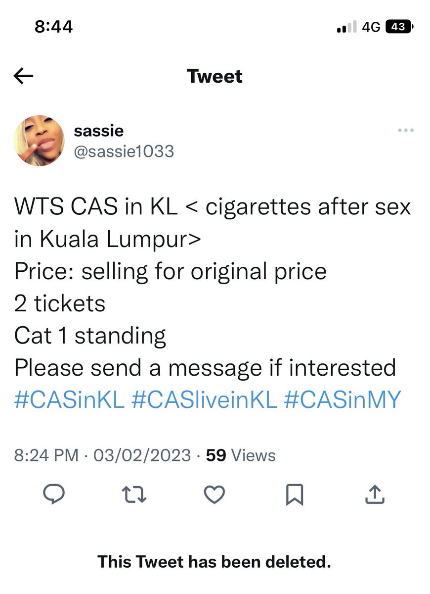 sweetsugayg's tweet photo. Cas kl ticket scammer: her other accounts! All her captions are the same!
@sassie1033 @hannerrzzzz @maria79002
#caskl #casinkl #CASLiveInKL #casticket #CASMalaysia https://t.co/rP2VUqH1UA