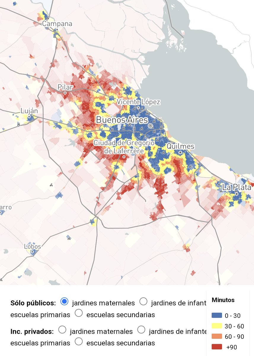 La distancia a las escuelas es uno de los factores + importantes para determinar la asistencia.

Este mapa interactivo muestra la distancia en minutos a las escuelas más cercanas: edacceso.glitch.me

En los jardines maternales, se nota una gran diferencia entre CABA y GBA 👇