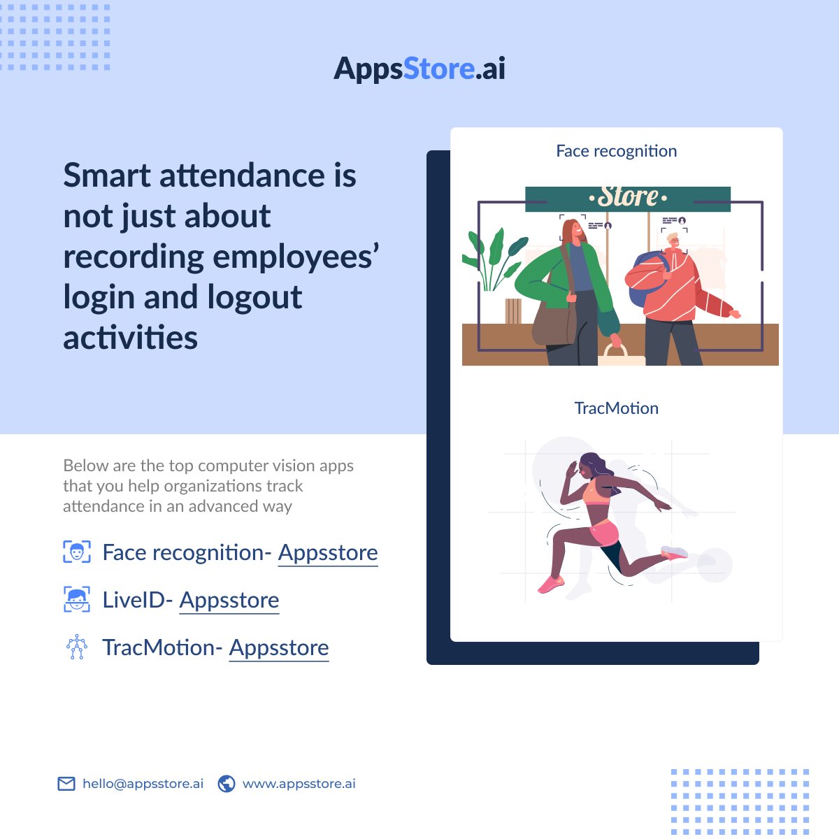 appsstoreai's tweet photo. Smart attendance is not just about recording employees' login and logout activities
Face Recognition
LiveID
TracMotion
Visit: 
https://t.co/sc0J8DfgIG 
#appsstore #computervisionapps #aimarketplace #artificialintelligence #ai #2023 https://t.co/fQgYrpnkLa