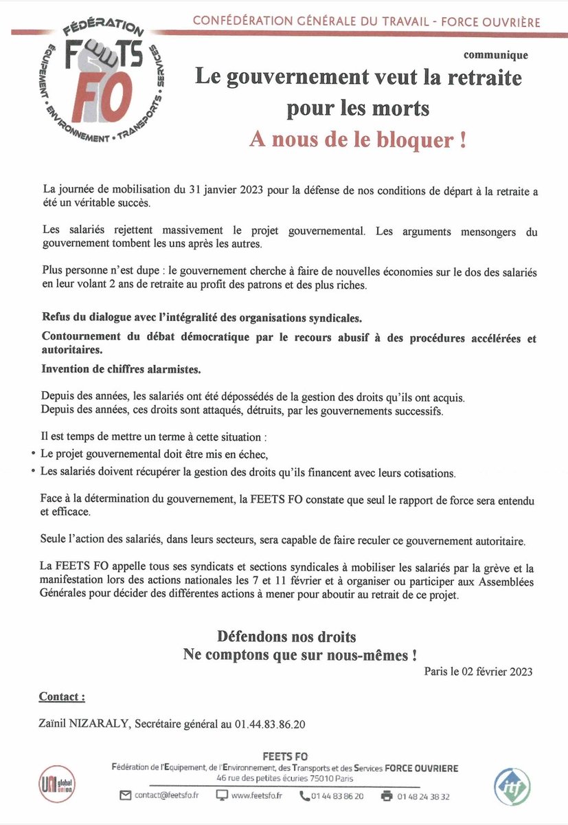 FeetsFO's tweet image. Communiqué de la @FeetsFO. Déterminés et mobilisés, les travailleurs obtiendront le retrait du projet de réforme des retraites.
@force_ouvriere #Retraites #7fevrier