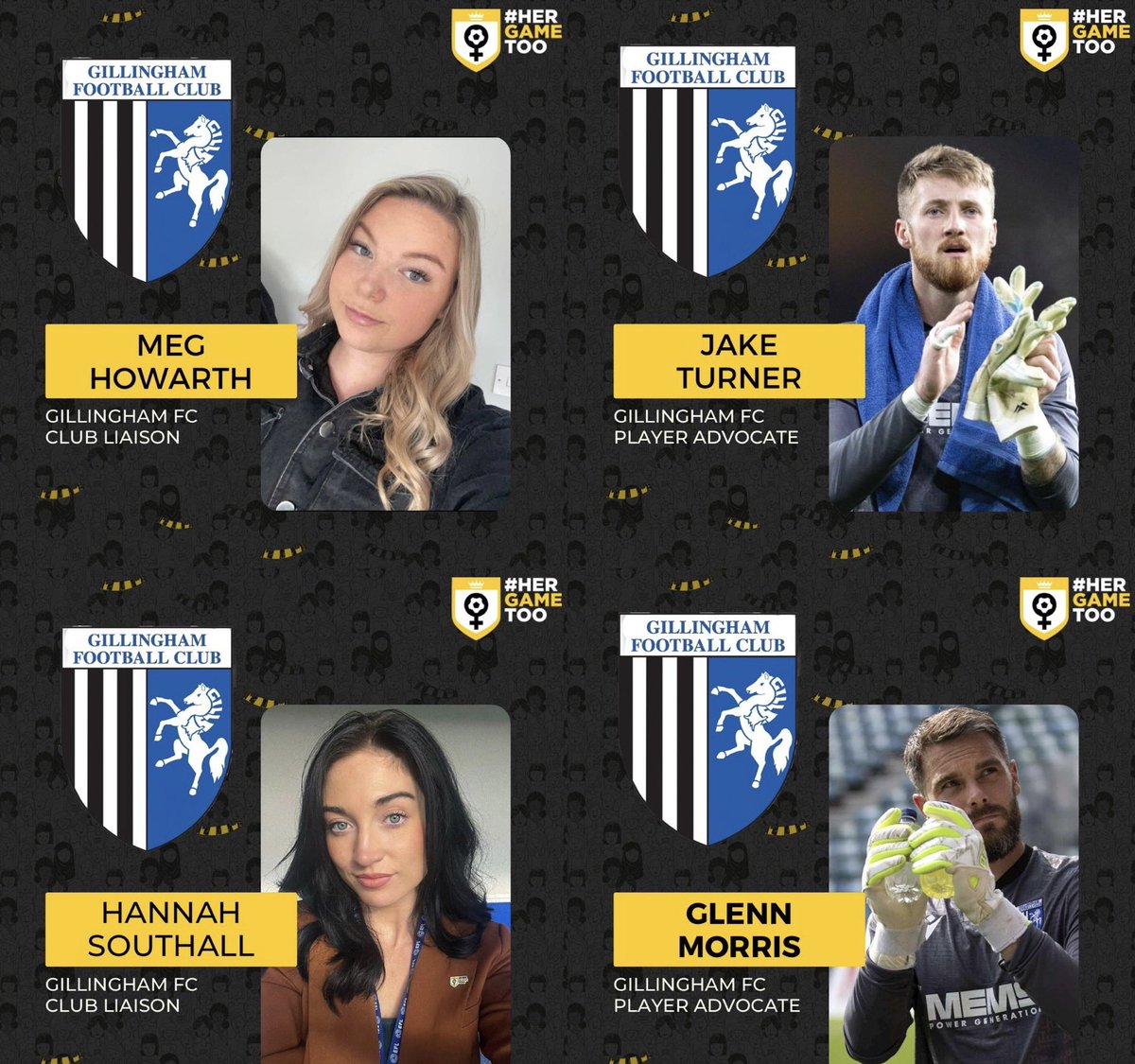 As a club we are proud to welcome, and be a part of, the <a href="/HerGameToo/">Her Game Too</a> community to raise awareness in supporting women to feel comfortable and safe at all of our football matches. 

We would like to introduce the fan, player and staff <a href="/HerGameToo/">Her Game Too</a> team for Gillingham FC⚽️💙💛