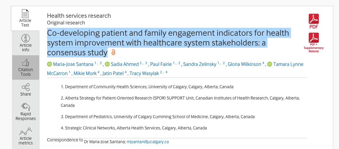 The AbSPORU Patient Engagement Team has published an article:  Co-developing patient and family engagement indicators for health system improvement with healthcare system stakeholders: a consensus study. Read it here: bmjopen.bmj.com/content/13/2/e…