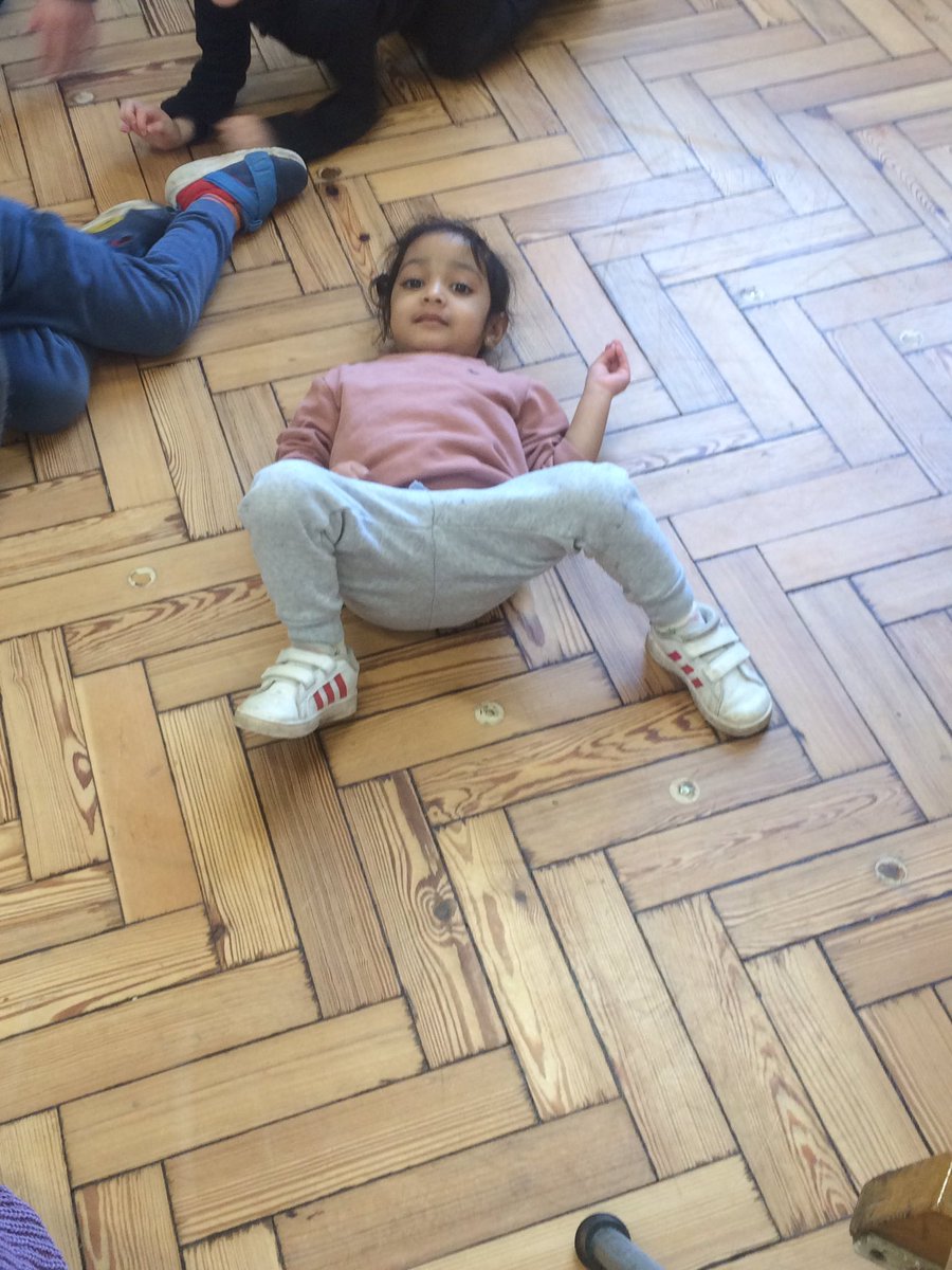 Today, nursery went upstairs to the middle hall for PE. To warm up, we moved around the floor on different parts of our body.