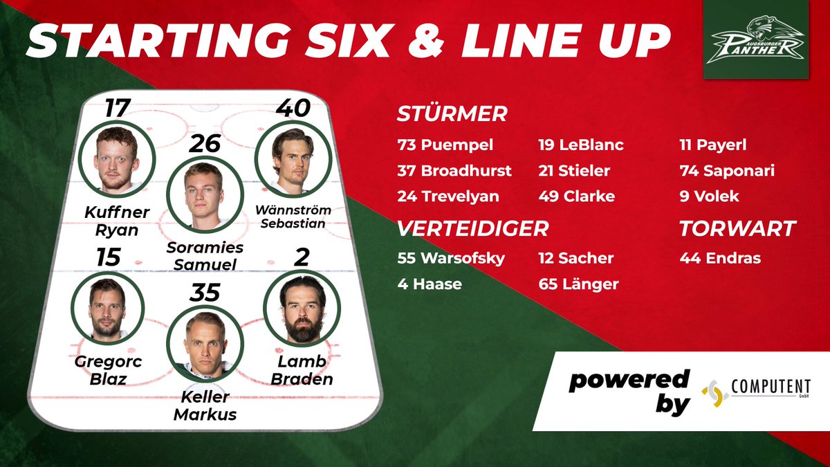aevpanther's tweet photo. #AEVvsSCB
John #Rogl, Wade #Bergman, Marcel #Barinka und Adam #Johnson sind heute überzählig, zwischen den Pfosten übernimmt Markus #Keller für Dennis #Endras. 
#NurDerAEV https://t.co/vf9C9cXghr