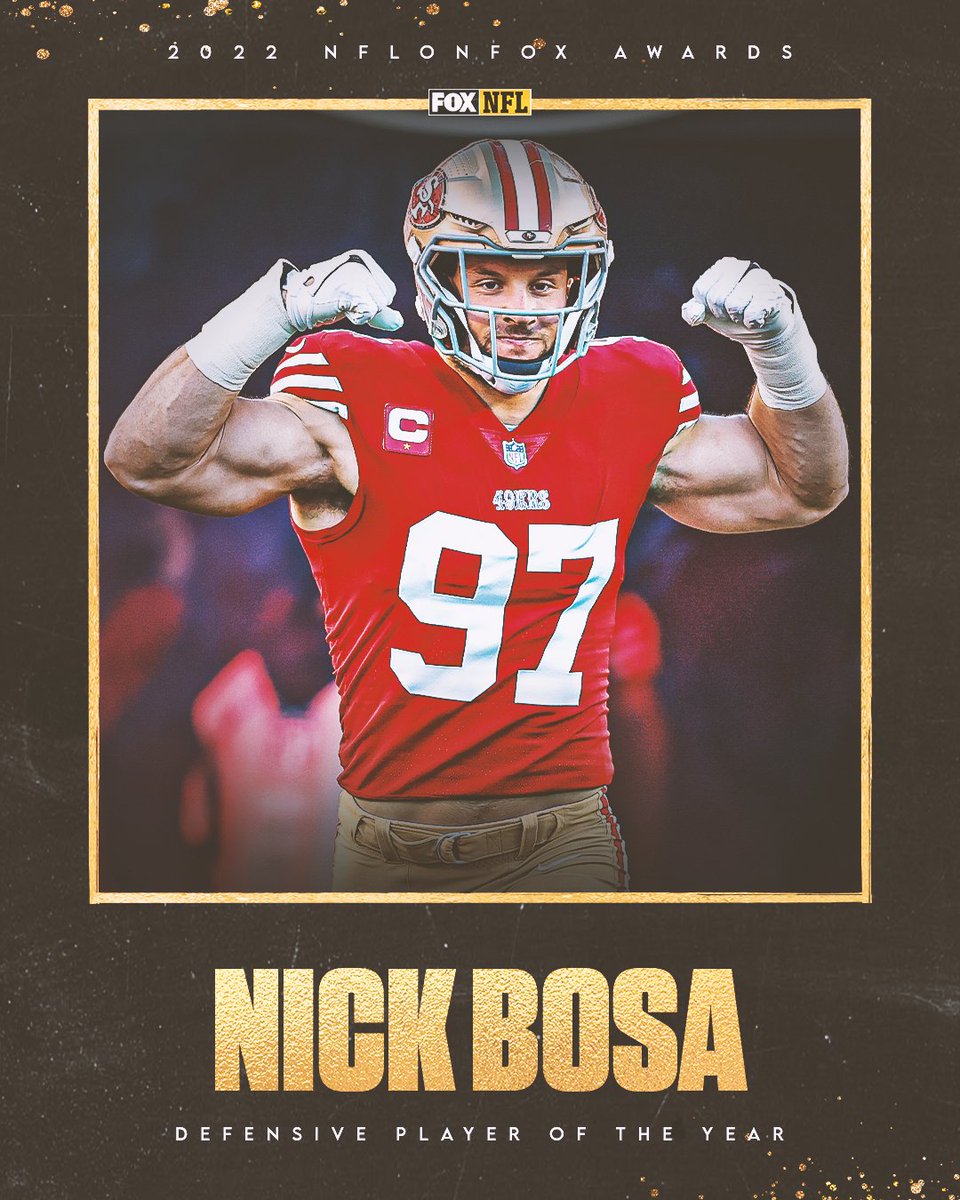 Your 2022 Defensive Player of the Year is <a href="/49ers/">San Francisco 49ers</a> DE <a href="/nbsmallerbear/">Nick Bosa</a>, as voted on by the NFL on FOX fans!