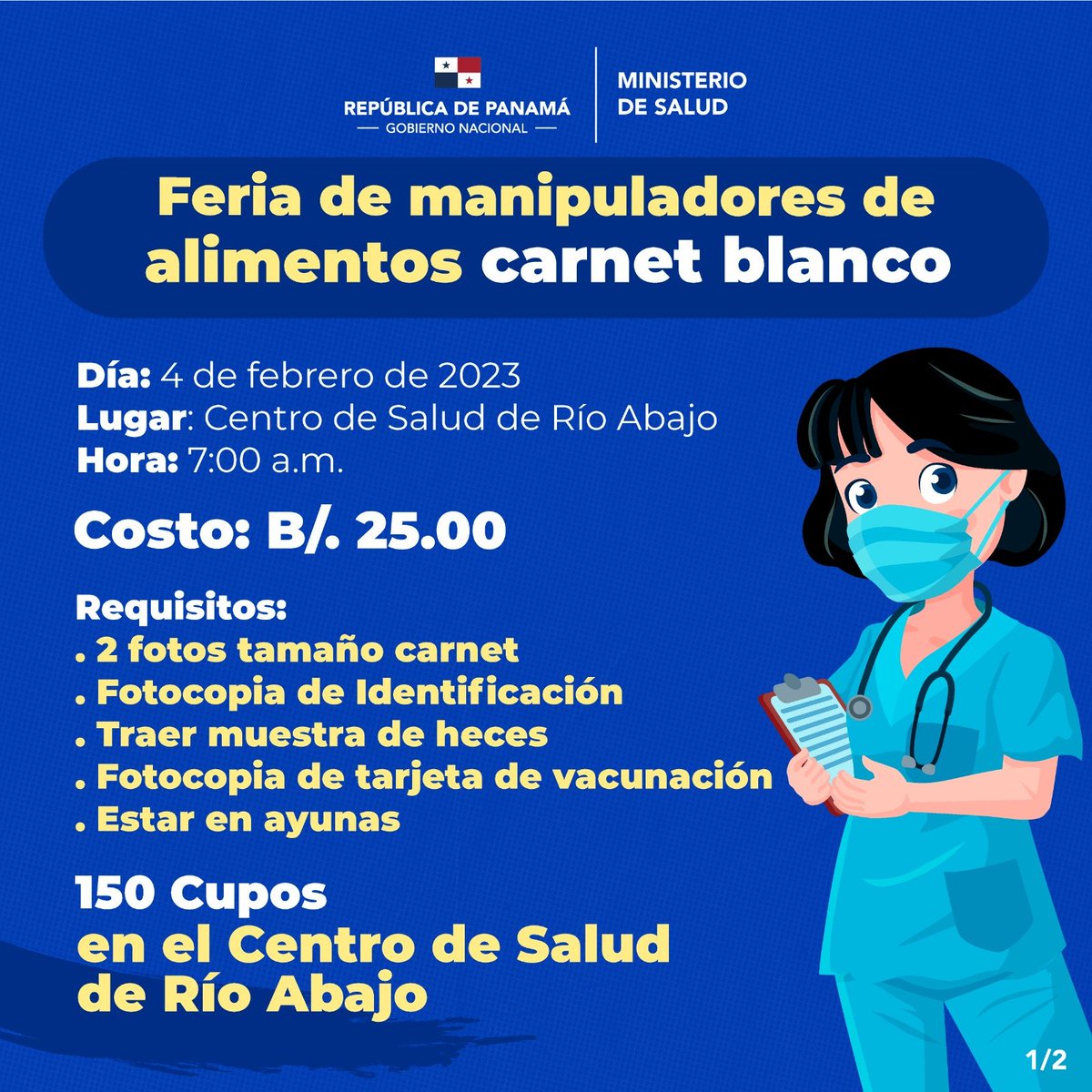Acompáñanos a la Feria de manipuladores de alimentos, este sábado 4 de febrero, en el Centro de Salud de Río Abajo desde las 7:00 a.m., en donde podrán conseguir su carné blanco.

📍C.S. de Río Abajo
Es necesario traer muestra de heces y la tarjeta de vacunación.